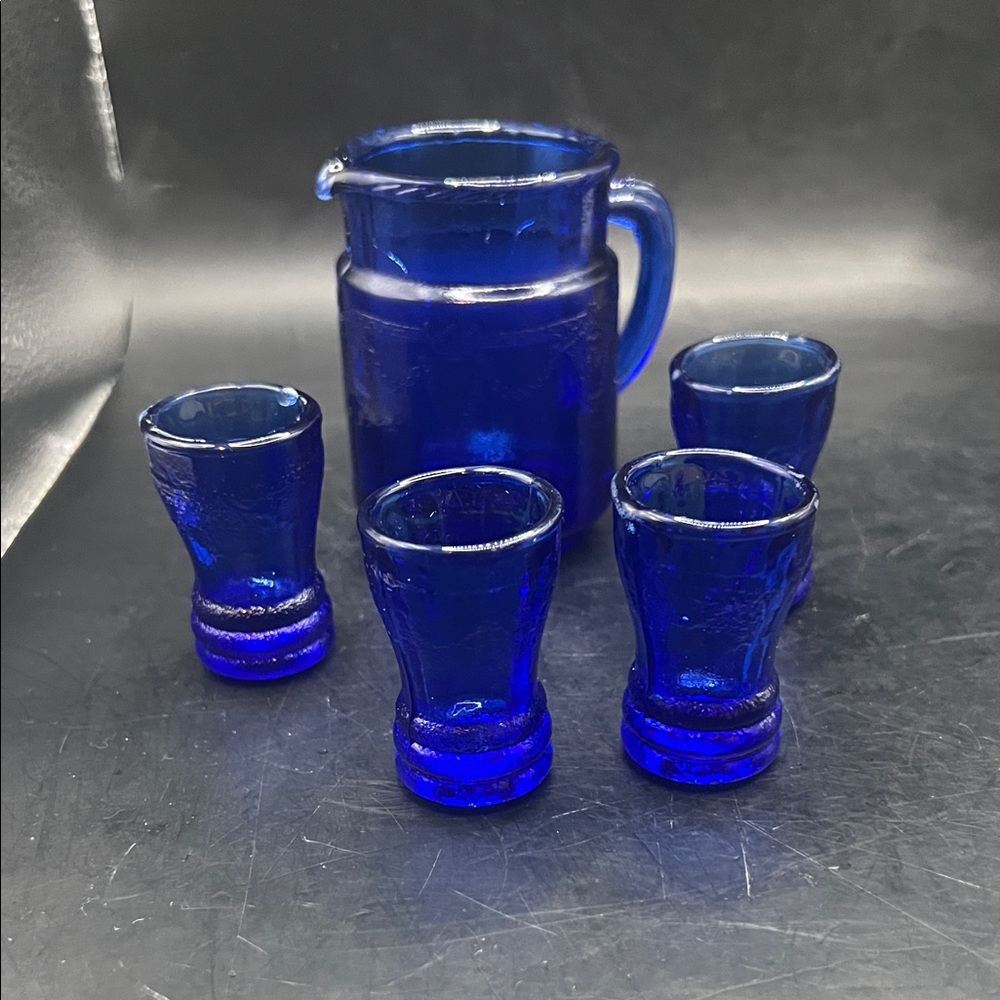 Cobalt Blue Glass Pitcher and Shot Glass Set